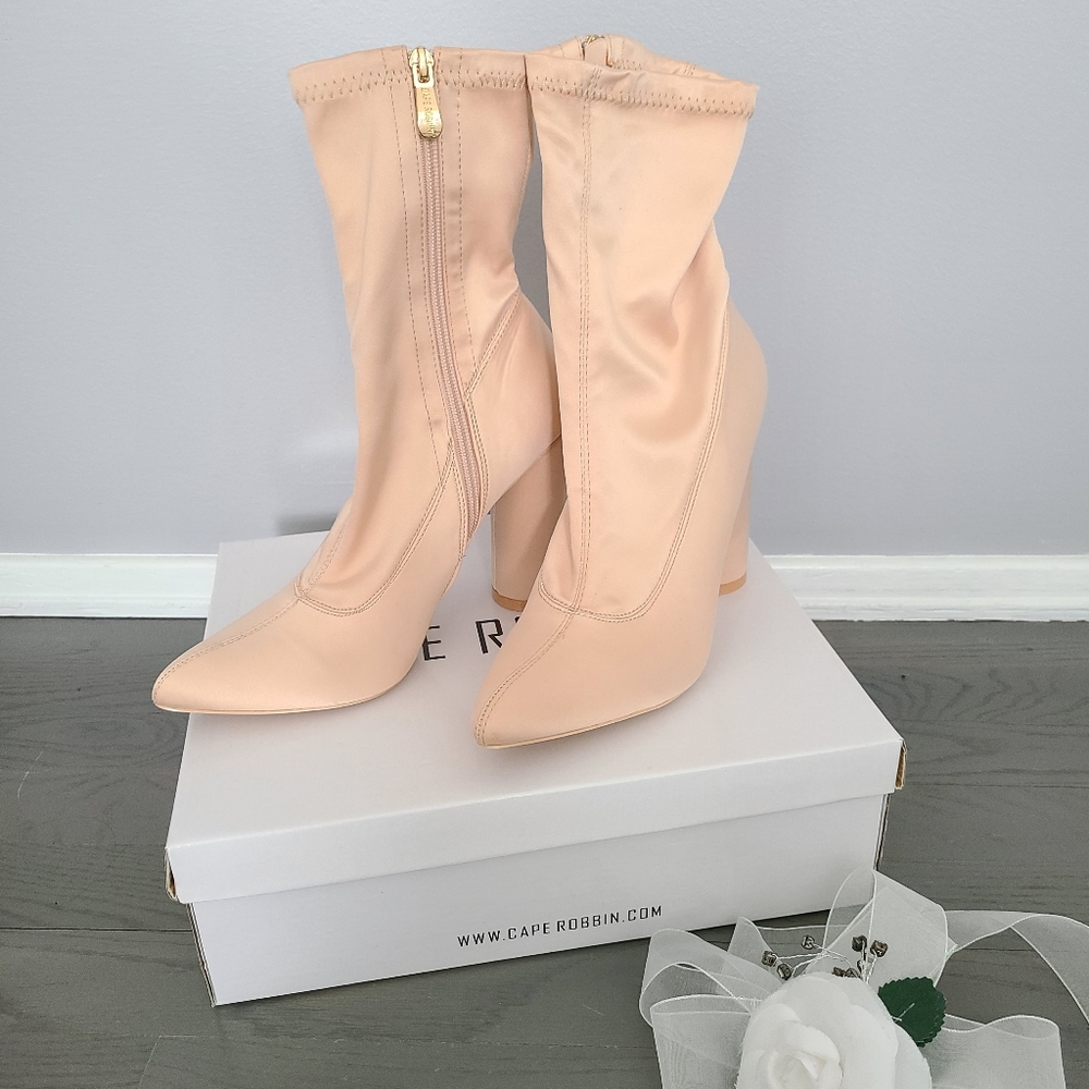 Cape Robbin Satin Mid-Calf Pointy Toe Circular Chunky Heel Booties
